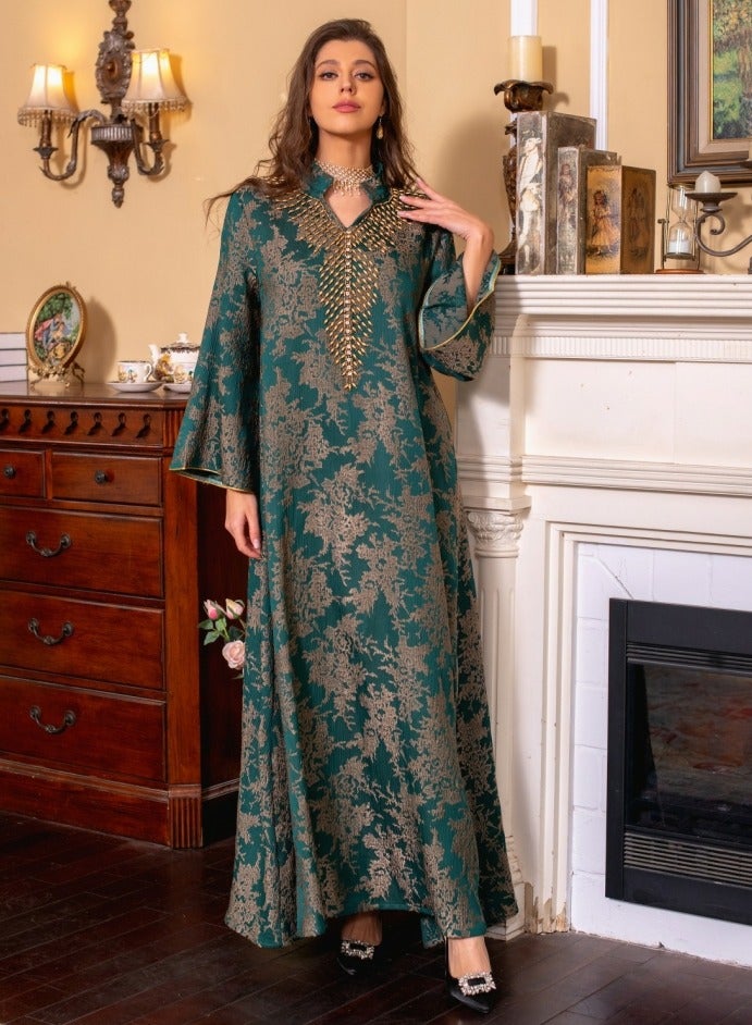 Loquat Ladies Luxury Nail Bead Robe Embroidered Jacquard Dress Muslim Abaya Evening Dress Green  - Image 1