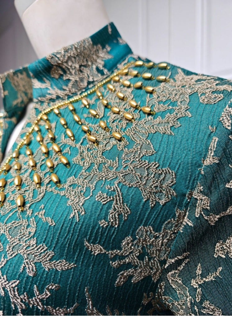 Loquat Ladies Luxury Nail Bead Robe Embroidered Jacquard Dress Muslim Abaya Evening Dress Green  - Image 3