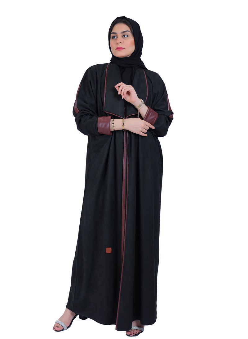 Bussma4u A Winter Abaya Made of Chamois, With Foldable Bracelets Made of Soft Burgundy Leather With a Matching Head Cover (scarf)  - Image 1
