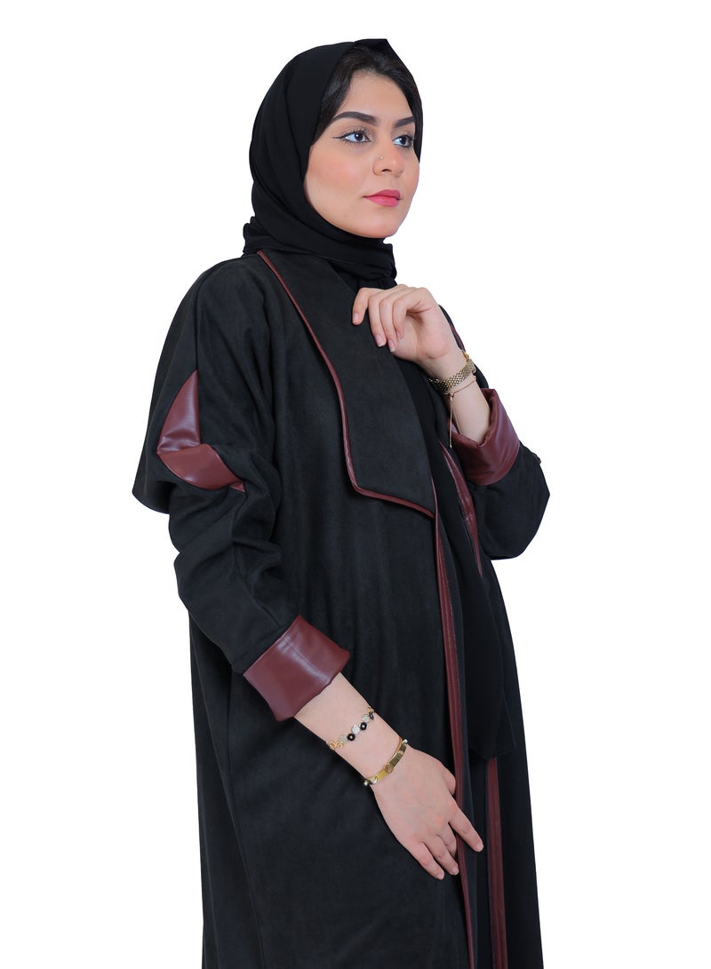Bussma4u A Winter Abaya Made of Chamois, With Foldable Bracelets Made of Soft Burgundy Leather With a Matching Head Cover (scarf)  - Image 2