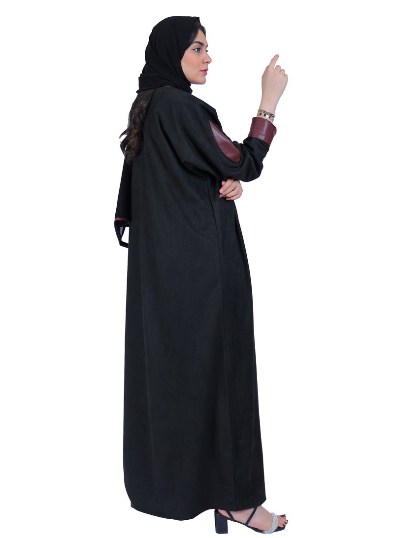Bussma4u A Winter Abaya Made of Chamois, With Foldable Bracelets Made of Soft Burgundy Leather With a Matching Head Cover (scarf)  - Image 4