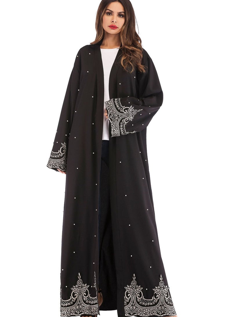 Loquat Long sleeve Embroidered Nail Bead Cardigan Robe Abaya Black - Image 1