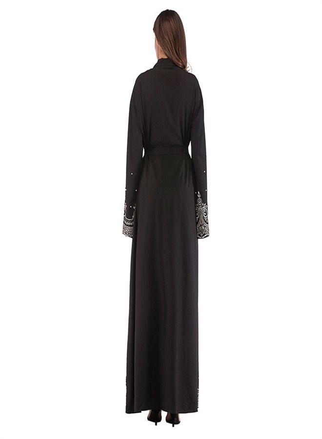 Loquat Long sleeve Embroidered Nail Bead Cardigan Robe Abaya Black - Image 3