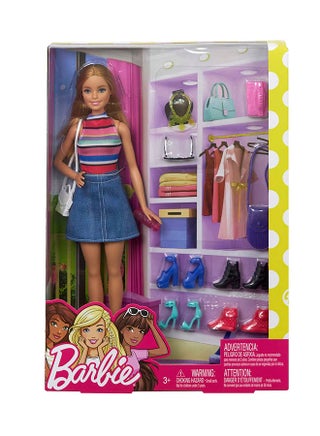Doll with Colorful Striped Bodysuit and Jeans Skirt, Many Pairs of Shoes, Handbags and Fashion Accessories, Toy for Children 3+ Years, FVJ42 - view 5