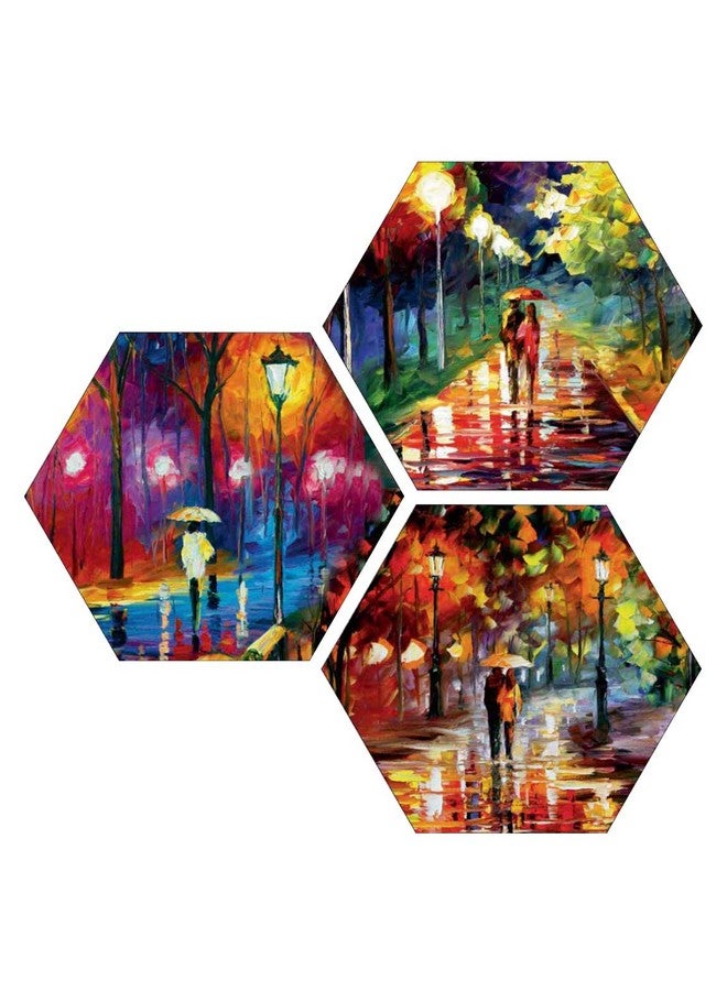 Masstone Romantic Painting For Bedroom | Romantic Couple Night Street View Wall Art 3 Hexagon Painting 21.5" x 21.5" | Couple Painting For Wall Decoration | Wall Painting for Couples - Image 1