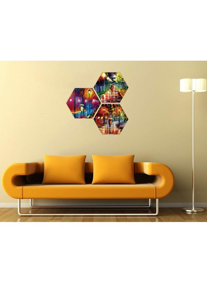 Masstone Romantic Painting For Bedroom | Romantic Couple Night Street View Wall Art 3 Hexagon Painting 21.5" x 21.5" | Couple Painting For Wall Decoration | Wall Painting for Couples - Image 3