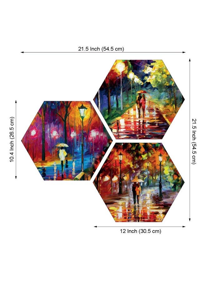 Masstone Romantic Painting For Bedroom | Romantic Couple Night Street View Wall Art 3 Hexagon Painting 21.5" x 21.5" | Couple Painting For Wall Decoration | Wall Painting for Couples - Image 2