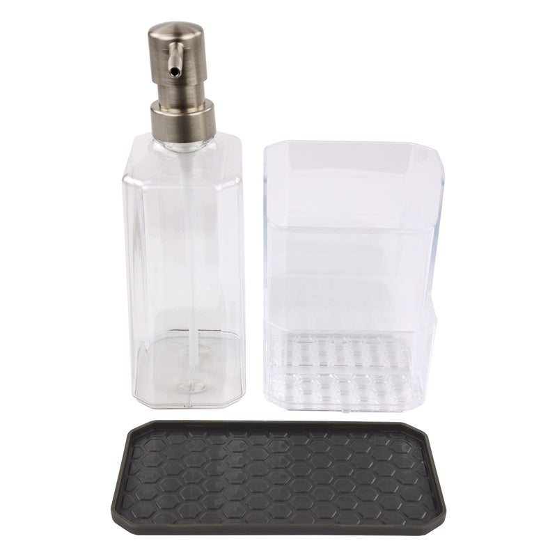 Spectrum Spectrum Diversified Hexa Kitchen Refillable Soap Pump  Sponge  Easy-Clean Sink Organization & Dish Brush Holder with Removable Base  Clear & Gray  - Image 4