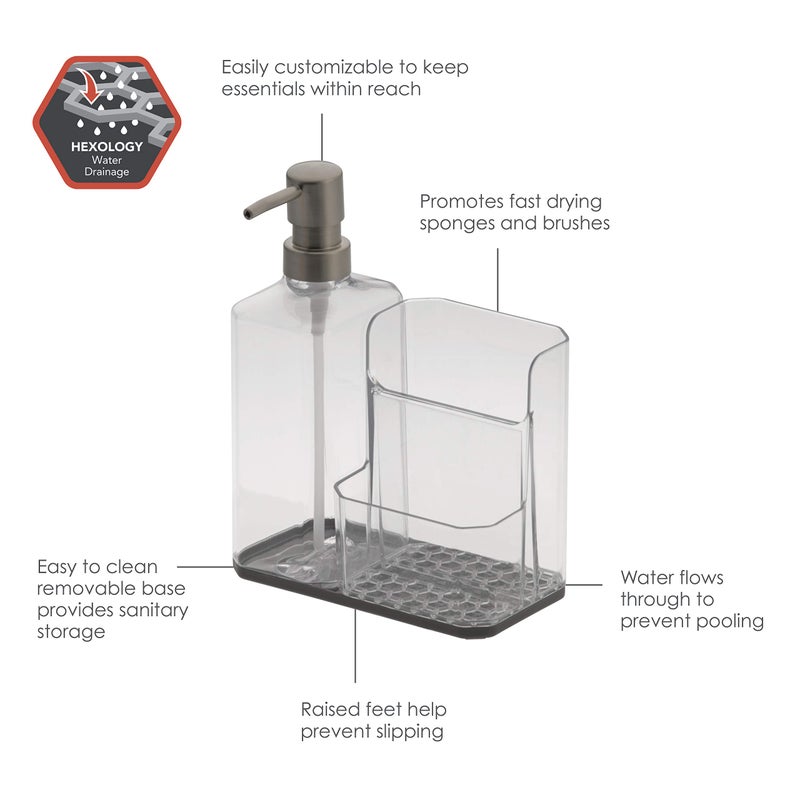 Spectrum Spectrum Diversified Hexa Kitchen Refillable Soap Pump  Sponge  Easy-Clean Sink Organization & Dish Brush Holder with Removable Base  Clear & Gray  - Image 2