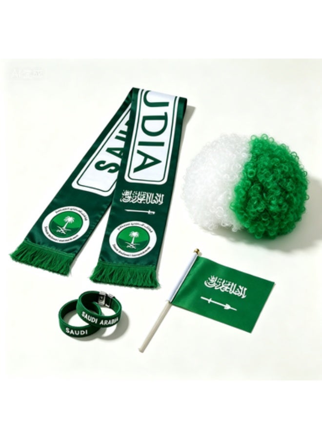 MEIKENA 9pcs Saudi Arabia National Day  Fan Accessory Set, Saudi Flag Scarf +   Wig ，5Pcs Hand Flags  ，2 pcsSilicone Wristbands, National Day ，Football Match Celebration Party Decorations - Image 4