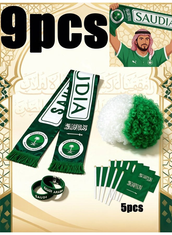 MEIKENA 9pcs Saudi Arabia National Day  Fan Accessory Set, Saudi Flag Scarf +   Wig ，5Pcs Hand Flags  ，2 pcsSilicone Wristbands, National Day ，Football Match Celebration Party Decorations - Image 1
