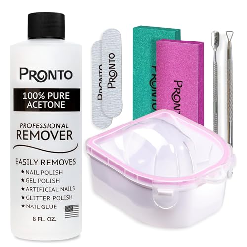 Pronto Gel Nail Polish Remover Kit 8 Oz Pure Acetone 100 Percent Nail File Nail Polish Soak Off Bowl for Nail Care Manicure Set with Nail Buffer Block Cuticle Pusher Nail scraper - Image 1