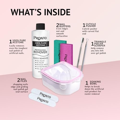 Pronto Gel Nail Polish Remover Kit 8 Oz Pure Acetone 100 Percent Nail File Nail Polish Soak Off Bowl for Nail Care Manicure Set with Nail Buffer Block Cuticle Pusher Nail scraper - Image 3