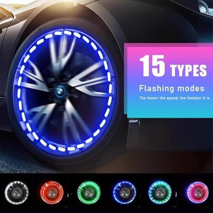 Azonee Car Tire Hub Light Colorful Flashing Led Valve Cover Light With Motion Sensor Solar Powered Waterproof Tire Light Valve Cap For Truck Bicycle Motorcycle Auto Accessories 4Pcs - Image 2