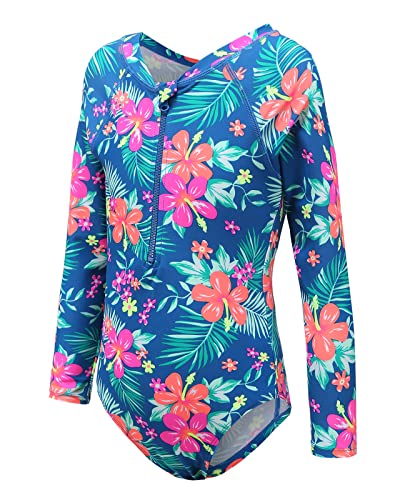 Mardonskey Big Girls Long Sleeve Rash Guard Kids One Piece Swimsuit UPF 50+ Sun Protection Swimwear Bathing Suit Blue 12T - Image 1