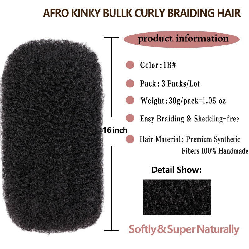 Xtrend 16 Inch 3 Bundles 90g Natural Black Afro Kinky Curly Braiding Bulk Hair For Mini Braiding Twists ï¼ŒAfro Kinkys Bulk Synthetic Hair For Micro Spring Twistï¼ŒDreadlock Extensions Repair Locs Women - Image 2