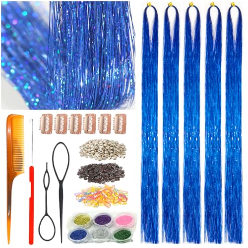 Celinebella Sapphire Blue Hair Tinsel 5 Bundles Approx 1250 Strands 48 Inch Ultra Soft Lightweight Shimmer Strands Royal Blue for Women Teens 4th of July Party Festival Cosplay Daily Use - Image 1