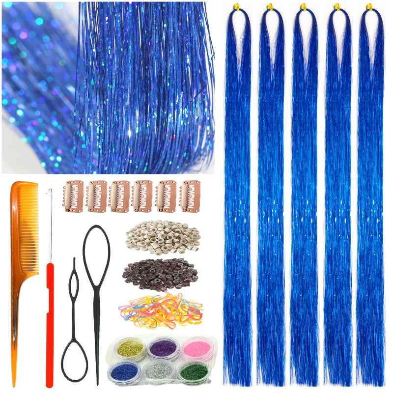 Celinebella Sapphire Blue Hair Tinsel 5 Bundles Approx 1250 Strands 48 Inch Ultra Soft Lightweight Shimmer Strands Royal Blue for Women Teens 4th of July Party Festival Cosplay Daily Use - Image 2