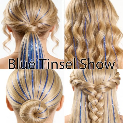 Celinebella Sapphire Blue Hair Tinsel 5 Bundles Approx 1250 Strands 48 Inch Ultra Soft Lightweight Shimmer Strands Royal Blue for Women Teens 4th of July Party Festival Cosplay Daily Use - Image 3