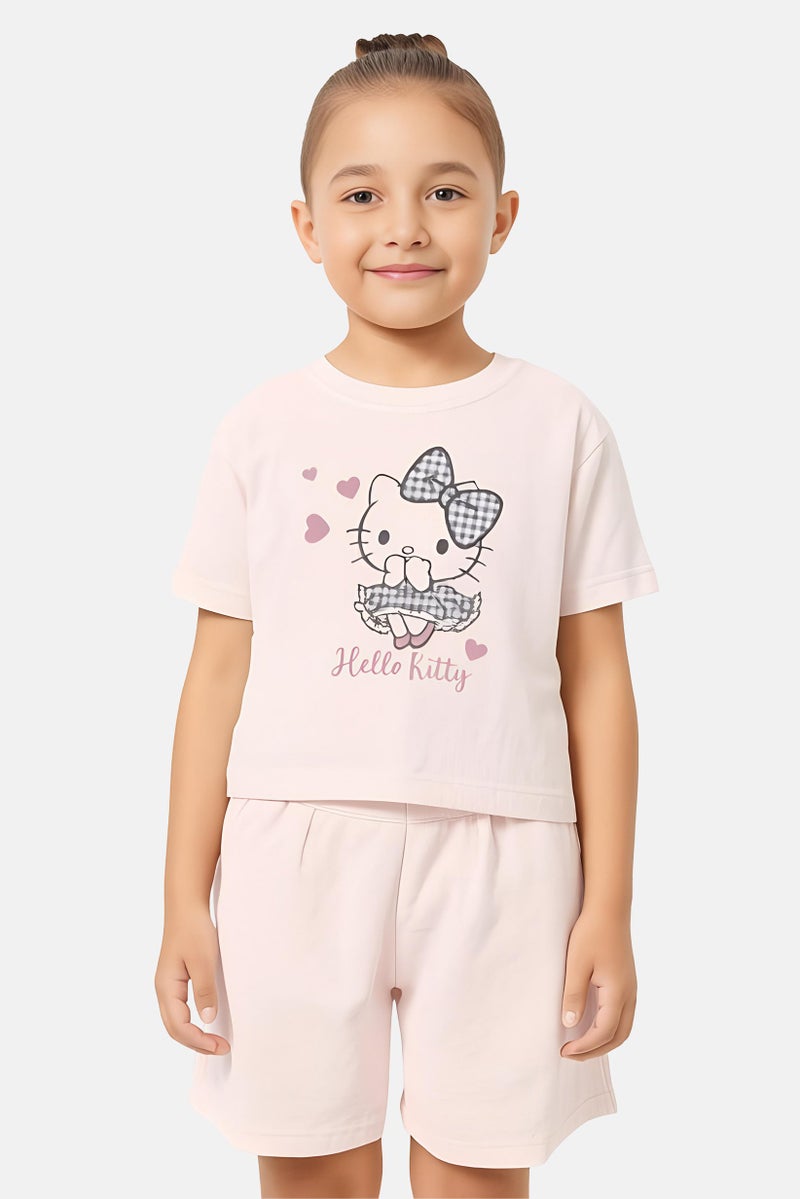 Hello Kitty بلوزة قصيرة الأكمام بتصميم جرافيكي للفتيات الصغيرات، وردي - Image 1