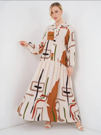 BIG DART BDART Printed V-Neck Maxi Dress with Button Closure