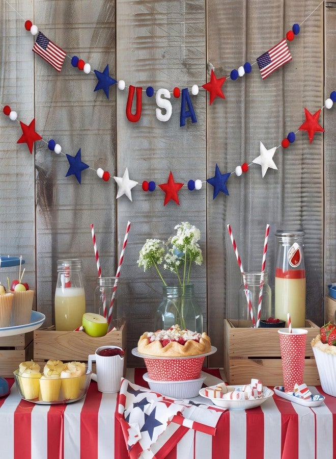 Mindsoft 2 Pcs American Anniversary Felt Banner 250th Patriotic 4th of July USA Pom Pom Garland Star Flag Red Blue White Garland Hanging Ball Ornaments for Independence Memorial Party Decoration - Image 5