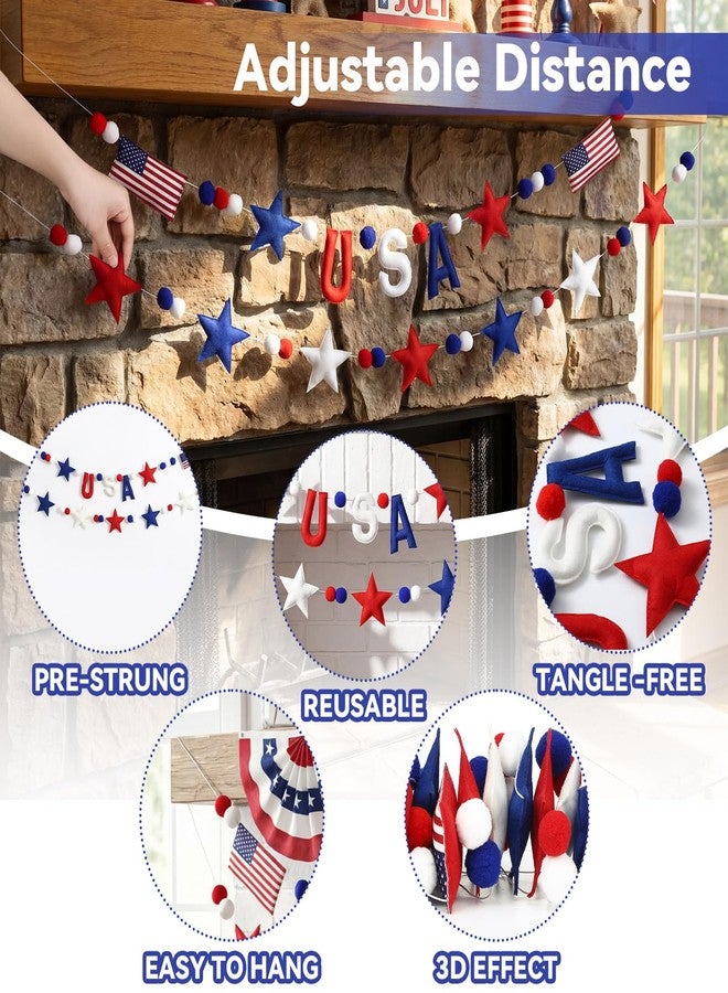 Mindsoft 2 Pcs American Anniversary Felt Banner 250th Patriotic 4th of July USA Pom Pom Garland Star Flag Red Blue White Garland Hanging Ball Ornaments for Independence Memorial Party Decoration - Image 3