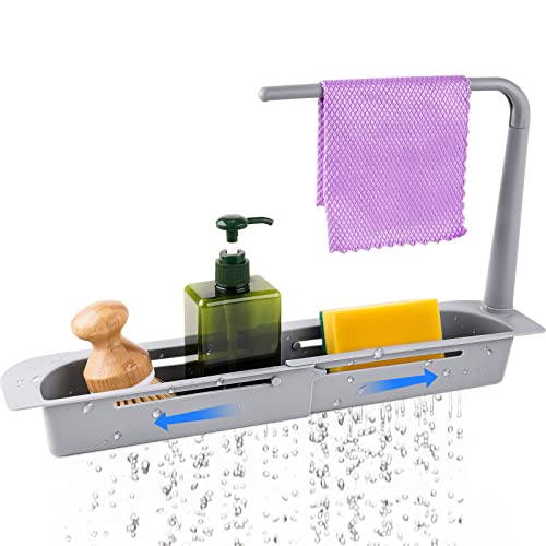 NiHome Telescopic Kitchen Over Sink Organizer with Towel Hanger Expandable Slim Drain Basket Multifunctional Caddy Adjustable Length Colander Rack Sponge Holder Storage Tray for Home Bathroom Grey - Image 1
