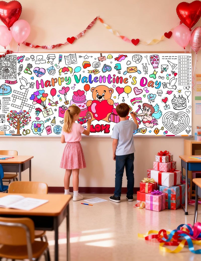 Diltik Valentineâ€™s Day Giant Coloring Poster/Tablecloth 30 x 72 Inch Paper Coloring Banner, Happy Valentineâ€™s Day Activity Poster Table Cover for Classroom School Party Decorations - Image 3