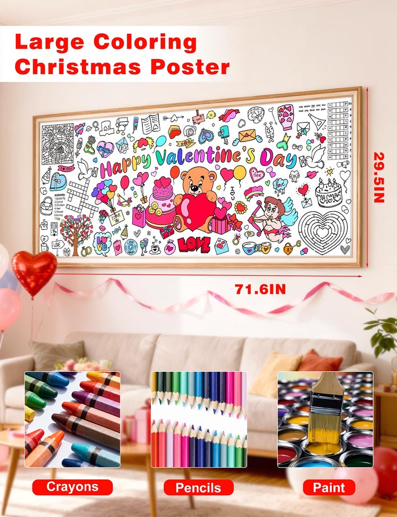Diltik Valentineâ€™s Day Giant Coloring Poster/Tablecloth 30 x 72 Inch Paper Coloring Banner, Happy Valentineâ€™s Day Activity Poster Table Cover for Classroom School Party Decorations - Image 2