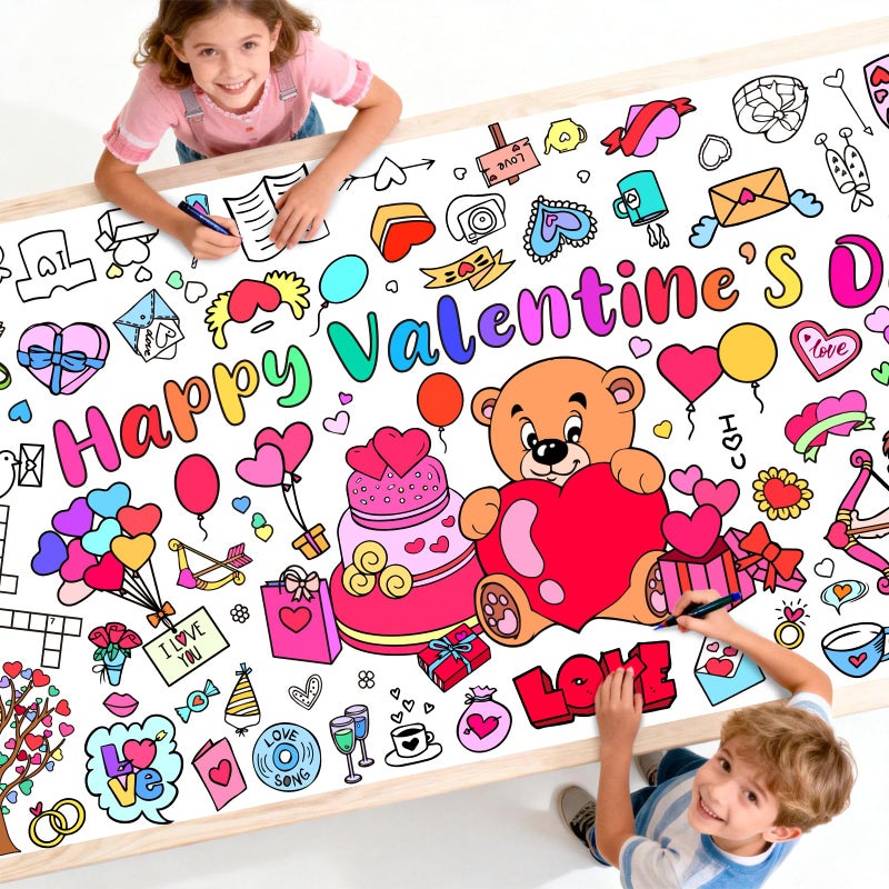 Diltik Valentineâ€™s Day Giant Coloring Poster/Tablecloth 30 x 72 Inch Paper Coloring Banner, Happy Valentineâ€™s Day Activity Poster Table Cover for Classroom School Party Decorations - Image 1