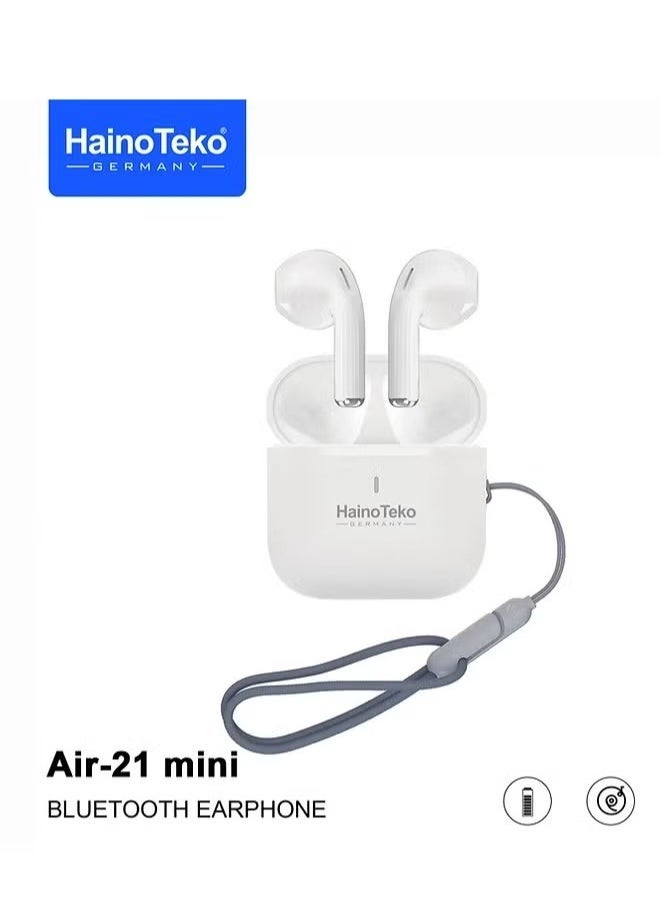 Haino Teko - Wireless AIR-21 Bluetooth Earphones – Premium Sound, Comfortable Fit, Free Cover with Hook, Original Quality, Compatible with iOS and Android Devices – Sleek White Design, Sweatproof, High-Performance Audio, Long Battery Life - Image 1