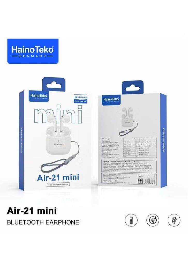 Haino Teko - Wireless AIR-21 Bluetooth Earphones – Premium Sound, Comfortable Fit, Free Cover with Hook, Original Quality, Compatible with iOS and Android Devices – Sleek White Design, Sweatproof, High-Performance Audio, Long Battery Life - Image 1