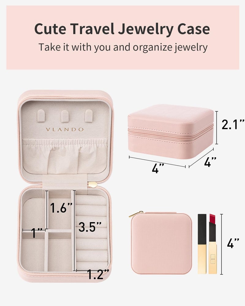 Vlando Travel Jewelry Case - Bridesmaid Gift - Small Jewelry Travel Organizer Box Travel Essentials Christmas Gift for Women Girl - Pink - Image 5