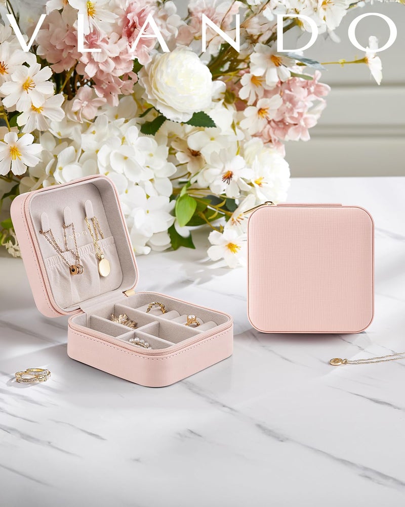 Vlando Travel Jewelry Case - Bridesmaid Gift - Small Jewelry Travel Organizer Box Travel Essentials Christmas Gift for Women Girl - Pink - Image 2