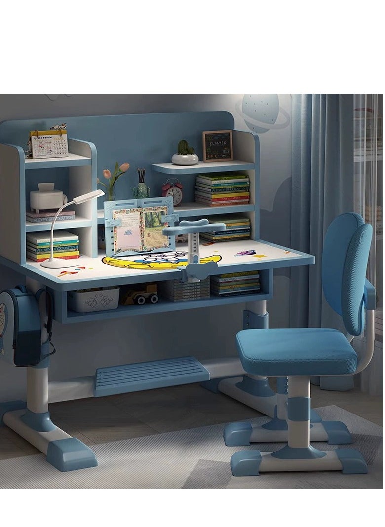 Golden - Home Kids Desk and Chair Set,Height Adjustable Children Study Desk Chair Set,School Student Writing Desk Table with Drawer Bookstand,Ergonomic Student Learning Table Desk Chair for Girl Boy (Blue) - Image 1