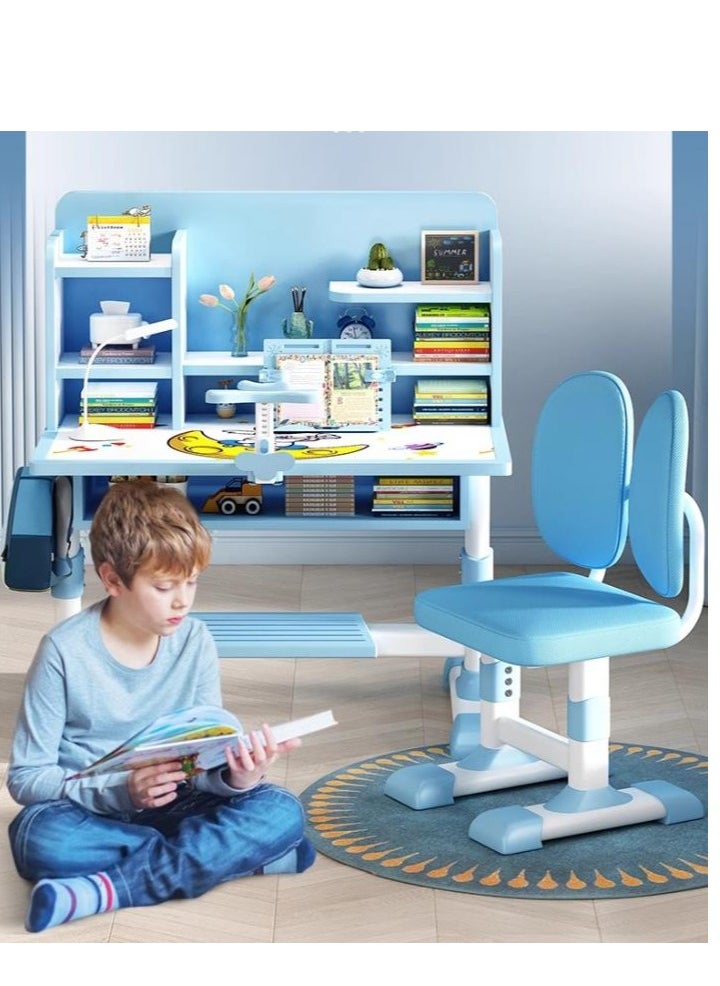 Golden - Home Kids Desk and Chair Set,Height Adjustable Children Study Desk Chair Set,School Student Writing Desk Table with Drawer Bookstand,Ergonomic Student Learning Table Desk Chair for Girl Boy (Blue) - Image 1