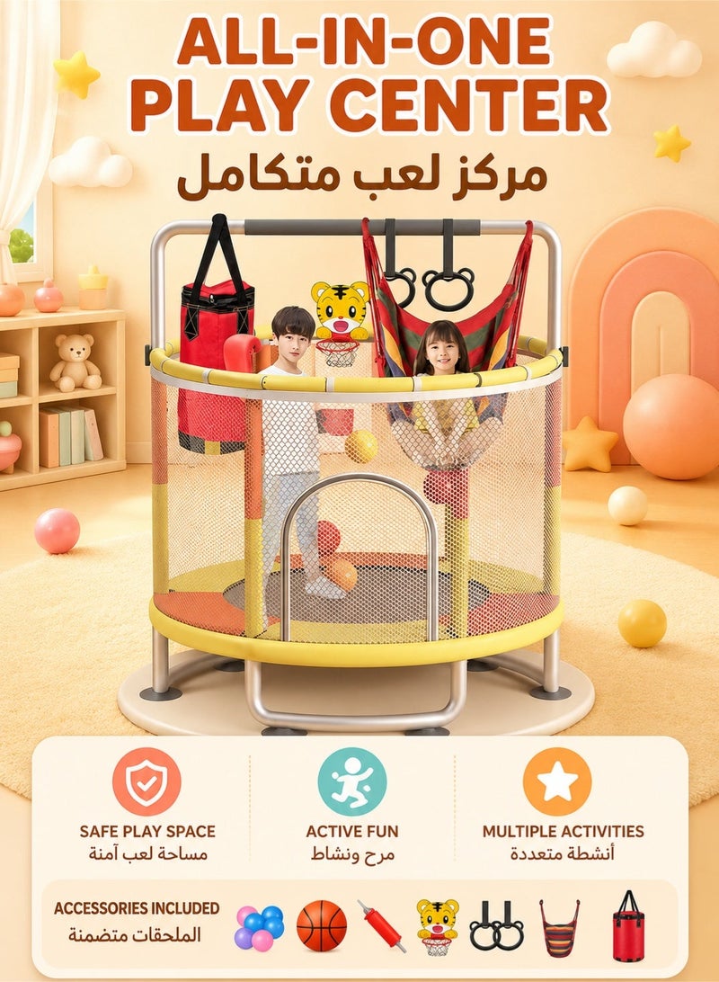 WALALLA Trampoline for Kids, Adjustable Baby Toddler Trampoline 140cm Indoor Outdoor Use with Safety Enclosure Net, Foam Handle, Adjustable Gymnastics Bars, Basketball Hoop, Gifts for Boys and Girls - Image 1
