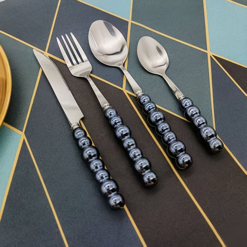 Navy Blue 20 Piece Stainless Steel Flatware Set With Textured Pearl Handle - Image 3