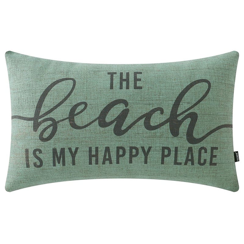 TRENDIN Beach Themed Throw Pillow Covers 20x12 inch The Beach is My Happy Place Lumbar Pillowcase Retro Nautical Decorations Linen Cushion Cover for Sofa Couch PL663TR