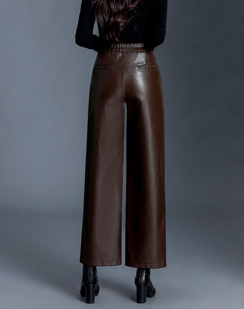 HaoMay Women's Faux Leather Pants Straight Wide Leg PU Trousers with Pockets(Coffee-L) - Image 3