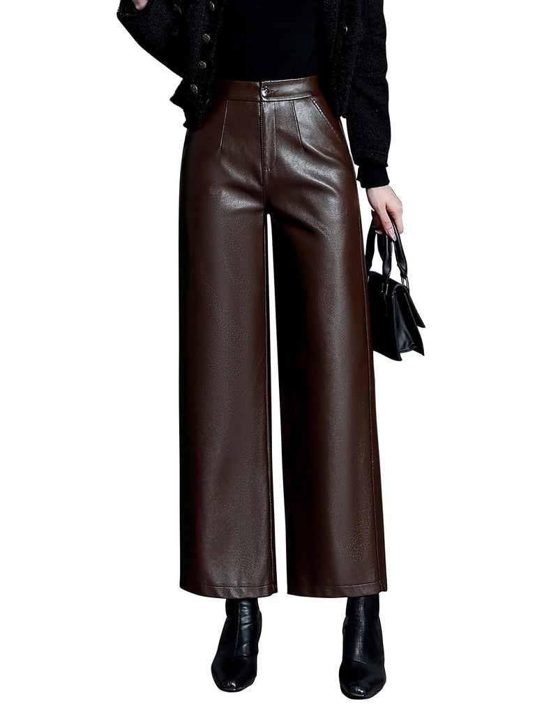 HaoMay Women's Faux Leather Pants Straight Wide Leg PU Trousers with Pockets(Coffee-L) - Image 1