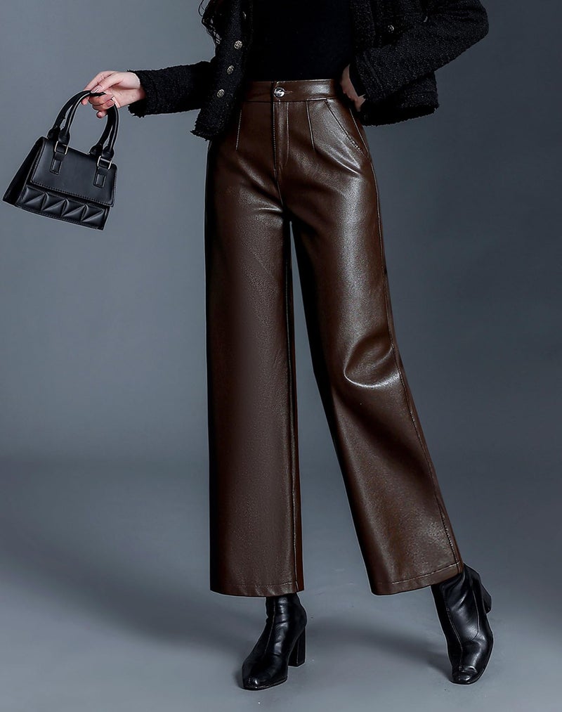 HaoMay Women's Faux Leather Pants Straight Wide Leg PU Trousers with Pockets(Coffee-L) - Image 2