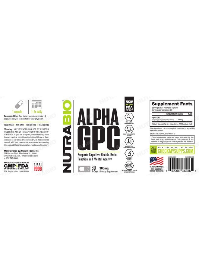 NutraBio Alpha Gpc Brain Support & Improved Memory Function 300Mg 60 Vegetable Capsules  - Image 3