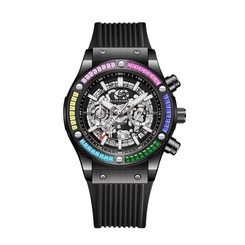 Giordano Multi-Function Watch for Men | Rainbow Crystal Bezel | Skeleton Dial | Black Sillicon Strap - Image 1