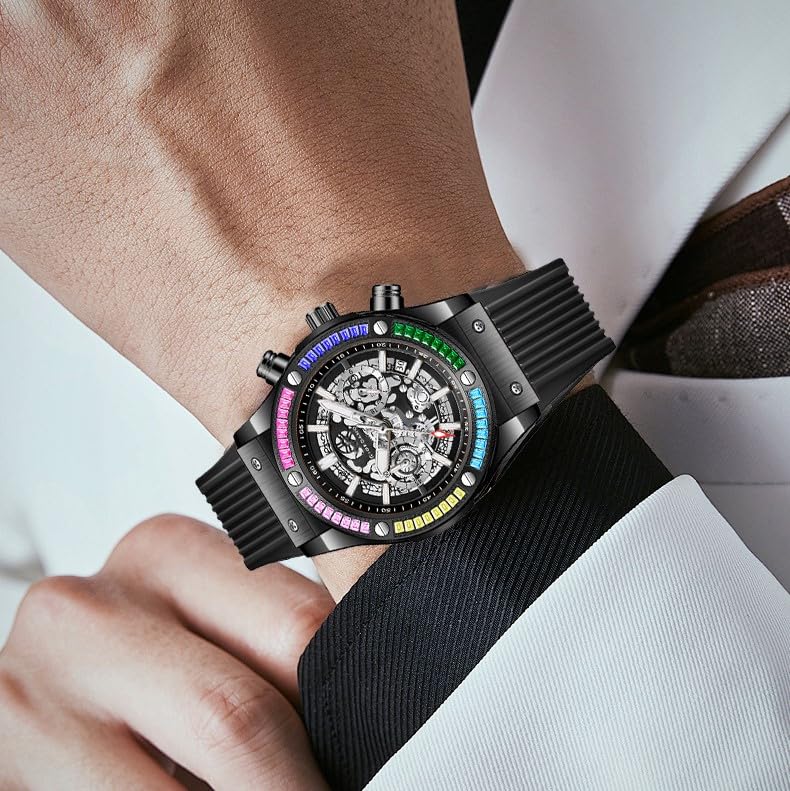 Giordano Multi-Function Watch for Men | Rainbow Crystal Bezel | Skeleton Dial | Black Sillicon Strap - Image 2