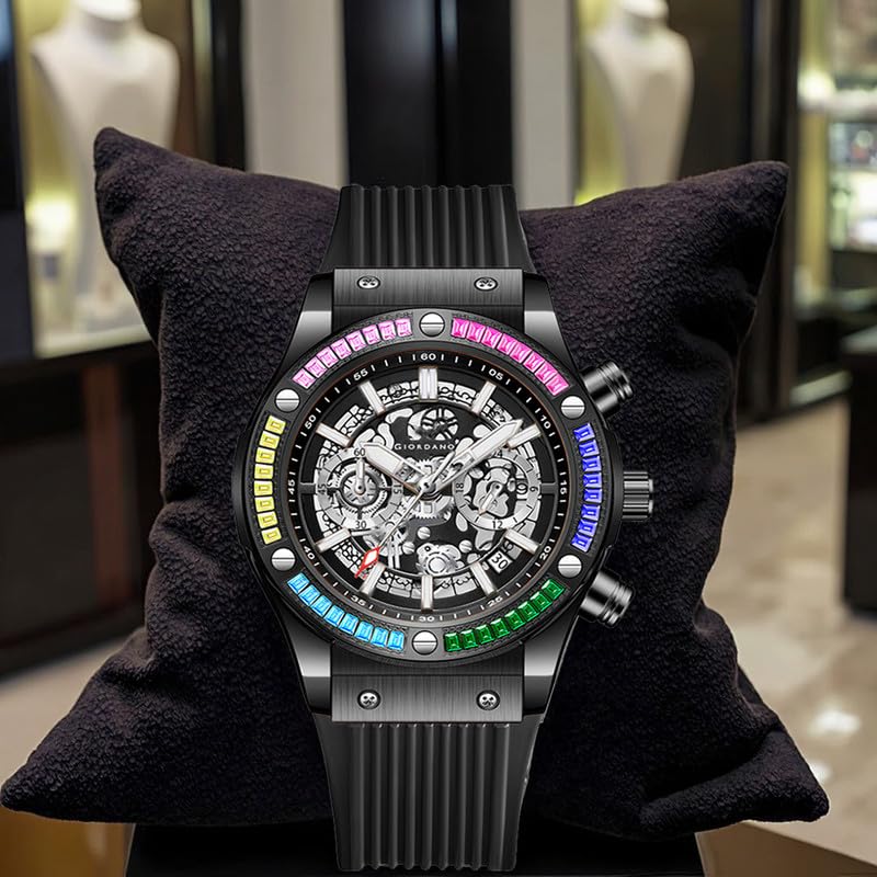 Giordano Multi-Function Watch for Men | Rainbow Crystal Bezel | Skeleton Dial | Black Sillicon Strap - Image 3