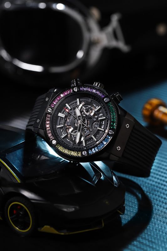 Giordano Multi-Function Watch for Men | Rainbow Crystal Bezel | Skeleton Dial | Black Sillicon Strap - Image 4
