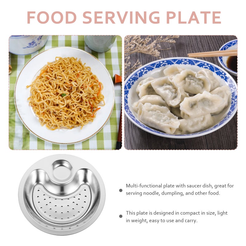 Stainless Steel Dumplings Plate with Dipping Saucer Double-layer Draining Dinner Plates Serving Dish (26cm) - Image 3