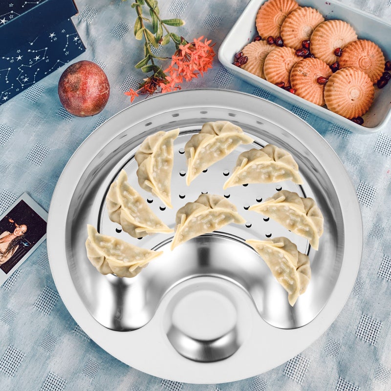 Stainless Steel Dumplings Plate with Dipping Saucer Double-layer Draining Dinner Plates Serving Dish (26cm) - Image 1